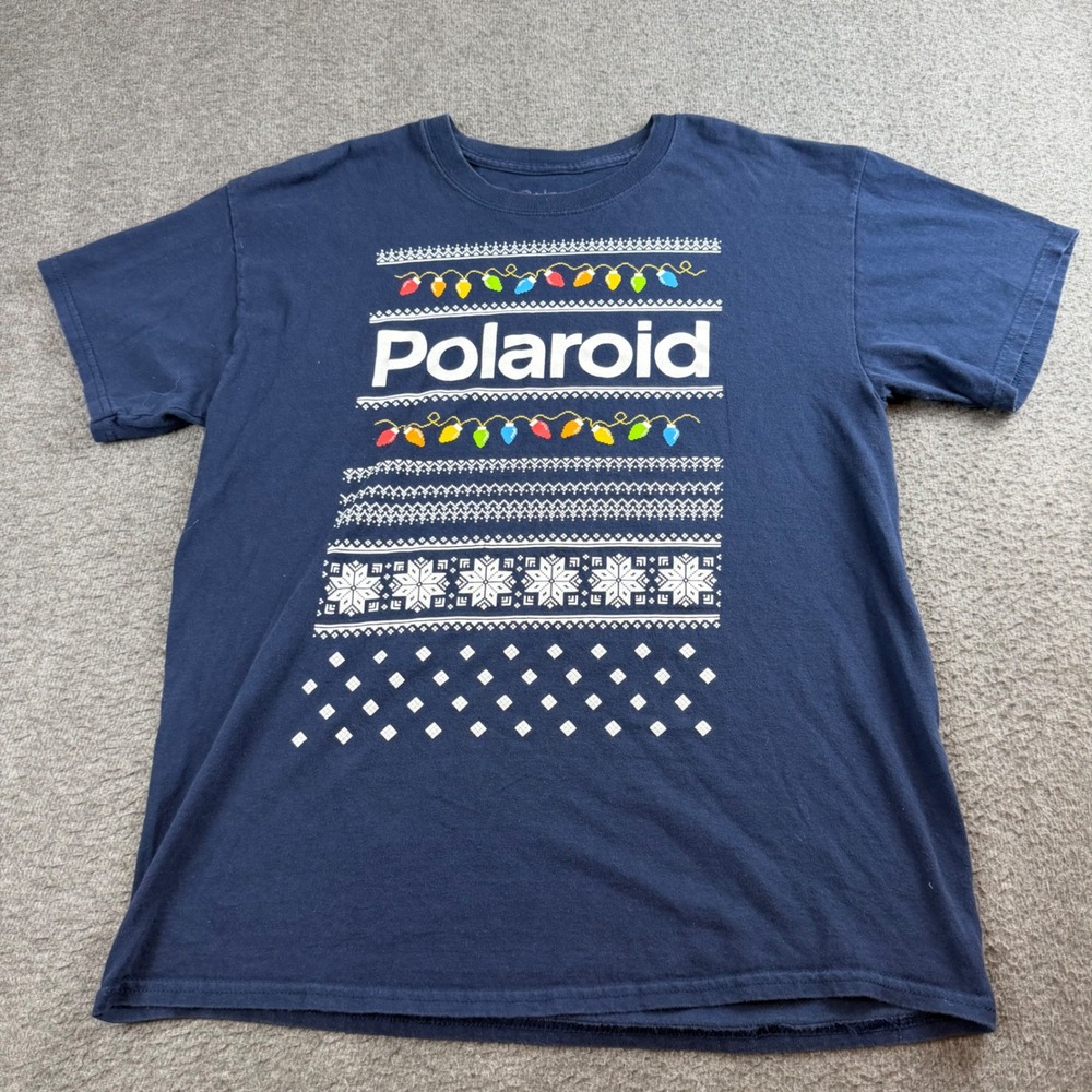 Polaroid Graphic T-Shirt Men Medium Navy Blue Christmas Ugly Sweater Holiday Tee